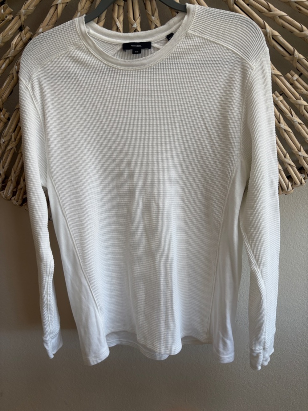 Vince White Waffle Knit Long Sleeve Top Size M Lightweight Crew Neck - Picture 2 of 5